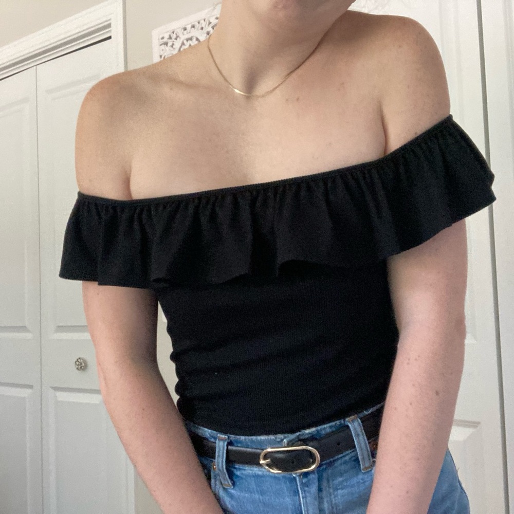 Express Off The Shoulders Black Ribbed Bodysuit Small